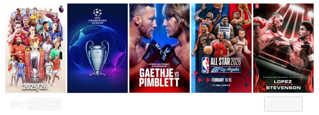 Live sports and PPV event posters from major competitions