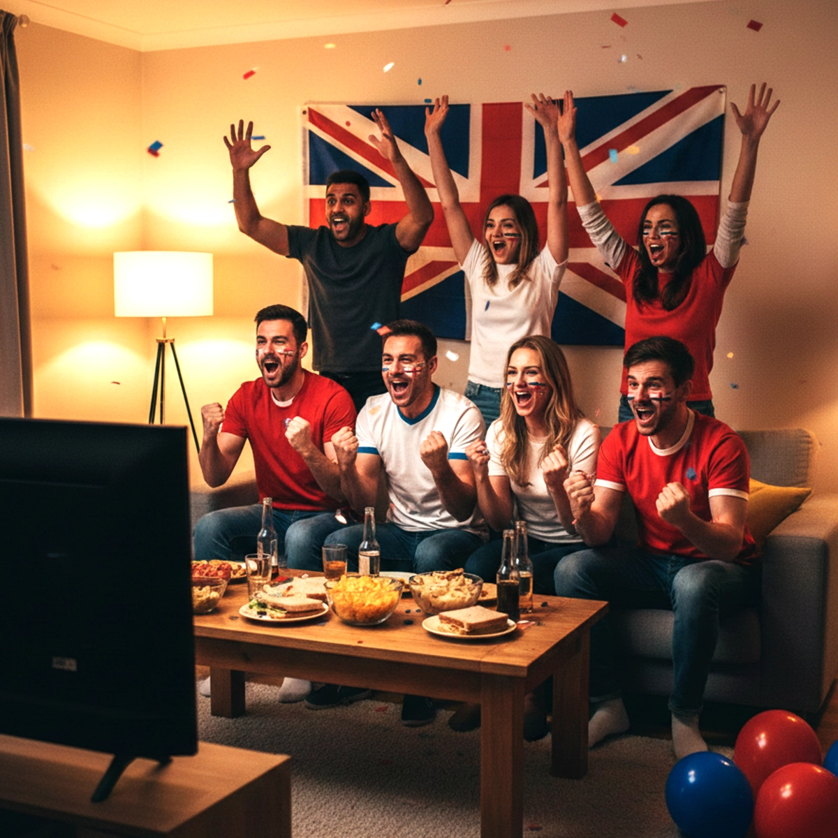 Excited British football fans celebrating a goal in a living room with British decoration while streaming live match coverage on a premium british iptv service